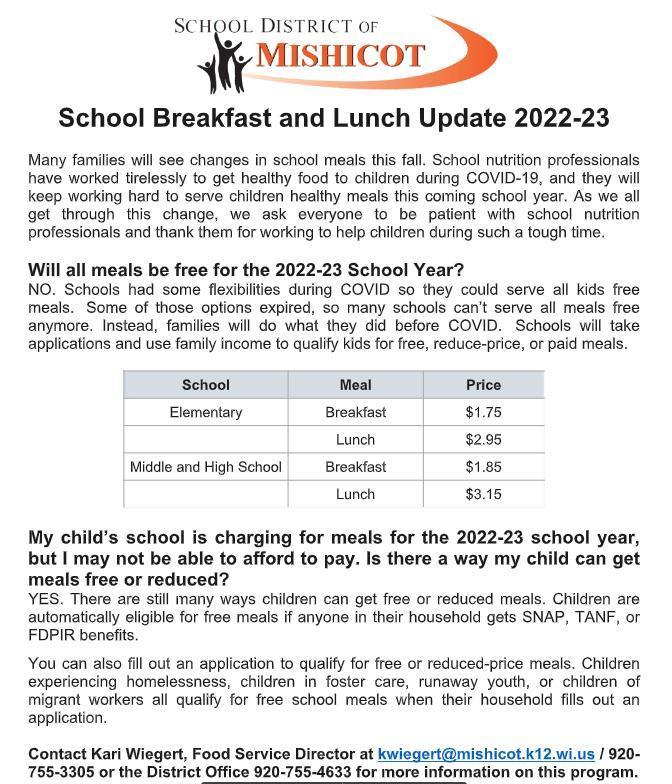 School Breakfast and Lunch Update 2022-23